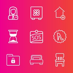 Premium set with outline vector icons. Such as folder, apartment, elegance, people, protection, double, bed, safe, employee, employer, frame, label, lock, man, fashion, employment, clock, file, job
