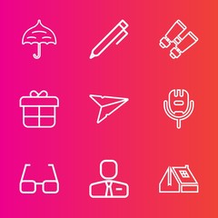 Premium set with outline vector icons. Such as eye, white, box, open, home, construction, message, job, send, roof, write, vision, paper, people, school, pencil, business, education, glasses, song