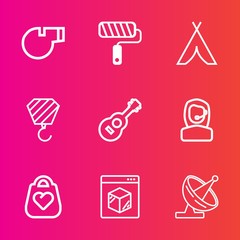 Premium set with outline vector icons. Such as outdoor, delivery, roll, paint, headset, travel, painter, office, equipment, style, call, whistle, fashion, sport, building, satellite, antenna, wall