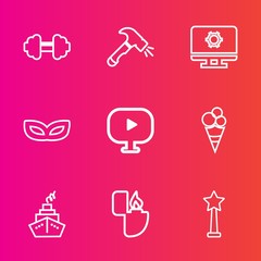Premium set with outline vector icons. Such as party, tool, sport, shovel, screwdriver, carnival, flame, business, media, celebration, video, gym, hammer, cigarette, web, sign, holiday, barbell, sweet