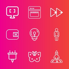 Premium set with outline vector icons. Such as fly, oven, cooking, hot, screen, finance, space, electricity, energy, technology, food, shuttle, power, wallet, computer, button, bulb, science, light