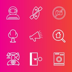 Premium set with outline vector icons. Such as landscape, old, washer, forbidden, telephone, online, phone, spaceman, sign, science, environment, search, oar, door, spacesuit, tree, rowing, sport