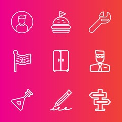 Premium set with outline vector icons. Such as person, musical, home, wrench, profile, hanger, man, internet, business, education, cabinet, food, repair, people, account, male, social, hand, pen, door