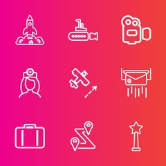 Premium set with outline vector icons. Such as map, sea, ocean, space, bag, orbit, route, success, location, film, handle, letter, post, water, science, luggage, flight, equipment, marine, message