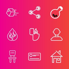 Premium set with outline vector icons. Such as cheque, home, transportation, profile, media, finance, fire, merchandise, cargo, money, medicine, box, internet, freight, room, share, cigarette, house