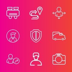 Premium set with outline vector icons. Such as arrow, camera, man, see, protect, navigation, transport, account, casual, van, people, sign, transportation, male, film, vehicle, boy, vision, gps, young