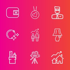 Premium set with outline vector icons. Such as cash, pay, equipment, stationery, real, increase, night, office, personal, purse, account, star, fashion, house, retro, sky, switch, camera, user, lamp