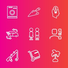 Premium set with outline vector icons. Such as car, plan, clothes, appliance, hammer, fish, reel, sport, happy, fishing, equipment, delivery, office, business, idea, summer, clean, leaf, people, rod