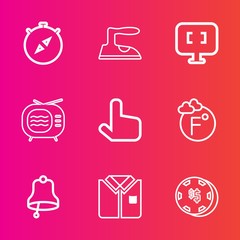 Premium set with outline vector icons. Such as travel, temperature, click, iron, tshirt, alarm, housework, video, internet, laundry, compass, monitor, scale, laptop, fahrenheit, pointer, home, casino