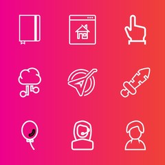 Premium set with outline vector icons. Such as person, weapon, online, blade, cloud, air, textbook, profile, headset, holiday, background, page, touch, technology, finger, sword, communication, music