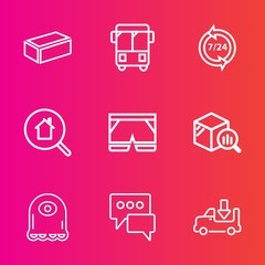Premium set with outline vector icons. Such as statistic, report, monster, search, material, real, brick, road, construction, wear, online, white, bus, urban, fashion, speech, lorry, shipping, alien