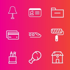 Premium set with outline vector icons. Such as identity, stationery, electric, pencil, card, identification, education, debit, home, tool, estate, architecture, personal, travel, id, railway, file
