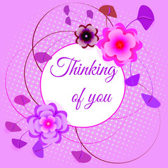 Card with decorative flowers and twigs on pastel pink background. Decorative frame for your text. Vector template for congratulations, reminders, thanks.