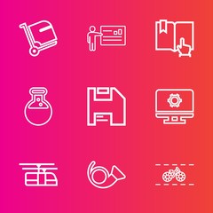 Premium set with outline vector icons. Such as bike, book, open, computer, cycle, conference, bicycle, business, tourism, presentation, suitcase, businesswoman, terminal, people, library, seminar, bag