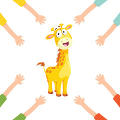 Vector Illustration Of Cartoon Hands With Giraffe