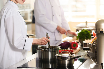 Professional team of cooks working together on modern kitchen