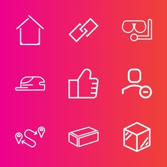 Premium set with outline vector icons. Such as box, glass, water, sign, interface, hat, modern, element, web, packaging, destination, position, real, internet, construction, building, product, account