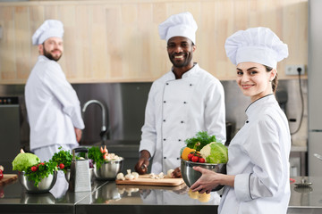 Multiracial chefs team working on professional restaurant kitchen