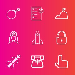 Premium set with outline vector icons. Such as work, violoncello, cello, human, explosion, nuclear, blue, call, medical, interview, communication, doctor, space, phone, science, telephone, shuttle