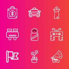 Premium set with outline vector icons. Such as architecture, ingredient, nation, glasses, flag, label, spy, gramophone, search, bag, quad, spice, tower, landmark, extreme, wheel, vintage, dirt, famous