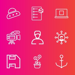 Premium set with outline vector icons. Such as warehouse, spacecraft, nautical, money, tripod, cargo, wheel, sign, screen, rudder, web, box, internet, ufo, ship, diskette, alien, video, tree, man, boy