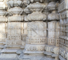 Ancient Architectural Ornament, Stone Carving Decorations Inside Ranakpur Jain Temple in Rajasthan, India