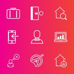 Premium set with outline vector icons. Such as online, profile, bag, laptop, mobile, phone, safety, instrument, escape, search, graphic, tourism, home, transfer, travel, technology, exit, baggage, web