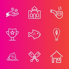 Premium set with outline vector icons. Such as pipe, location, water, oar, food, home, house, reward, success, currency, finance, hand, fish, boat, cash, map, money, win, building, classic, castle