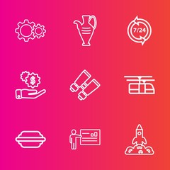 Premium set with outline vector icons. Such as sign, search, people, science, dollar, hamburger, call, graphic, bun, transportation, space, lettuce, vase, launch, vision, service, rocket, pottery, spy