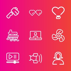 Premium set with outline vector icons. Such as girl, electric, boat, lady, communication, saw, telephone, sun, glasses, vessel, heart, style, face, building, mobile, button, tool, screwdriver, love
