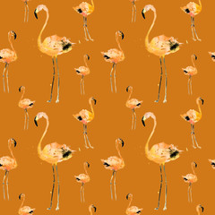 Hand Drawn Illustration With Flamingo. Exotic Summer Beach Motif. Swimwear Design, Wrapping, Background, Wallpaper, Fabric. Hawaiian Print. Jungle Birds Repeated Ornament. Aloha. Boho. Africa.