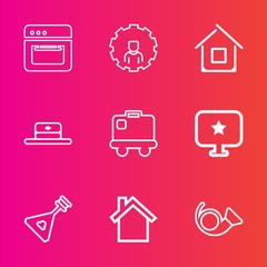 Premium set with outline vector icons. Such as online, luggage, cooker, kitchen, food, telephone, string, business, musical, instrument, baggage, internet, home, fashion, mobile, cap, hat, website