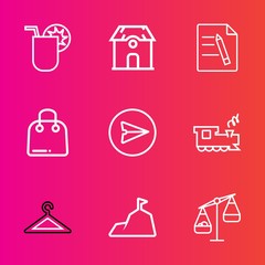 Premium set with outline vector icons. Such as weight, train, real, mountain, estate, nature, juice, transport, transportation, drink, sky, communication, clothing, ice, travel, cocktail, shop, summer
