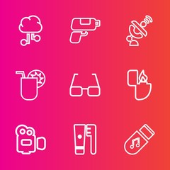 Premium set with outline vector icons. Such as clean, music, earth, satellite, storage, pistol, science, business, technology, eyeglasses, summer, cigarette, retro, object, flame, element, brush, gun