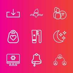 Premium set with outline vector icons. Such as business, alarm, surfboard, brush, surfer, health, company, summer, bowling, game, surf, pin, surfing, fashion, clean, bell, care, sea, people, night