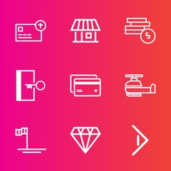 Premium set with outline vector icons. Such as emergency, door, house, modern, beach, jewelry, gem, safety, money, business, transport, ocean, window, air, aviation, currency, right, bank, sign, blue