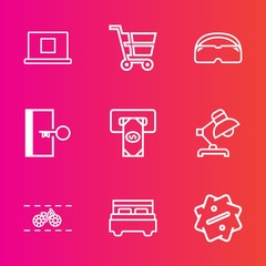 Premium set with outline vector icons. Such as bank, lamp, internet, sale, discount, market, bedroom, atm, cart, bed, finance, bicycle, sign, refreshment, interior, profile, door, cycle, trolley, mask