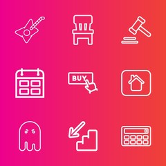 Premium set with outline vector icons. Such as time, judge, calendar, trial, up, room, day, halloween, home, armchair, web, buy, estate, guitar, downstairs, musical, courthouse, furniture, schedule