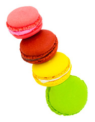Macaron or macaroon on white background,. Colorful almond cookies on dessert top view