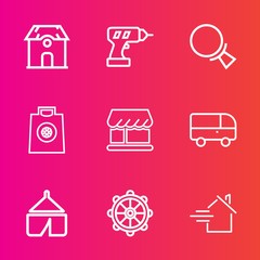 Premium set with outline vector icons. Such as rudder, electric, look, helm, gift, machine, shop, property, transport, wheel, estate, speed, find, retail, repair, magnifying, tent, transportation, bus
