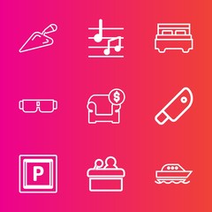 Premium set with outline vector icons. Such as furniture, transport, double, speaker, sofa, kitchen, ocean, modern, melody, cut, sunglasses, music, yacht, sea, glasses, bed, sun, fashion, car, tool