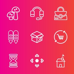 Premium set with outline vector icons. Such as new, fashion, box, hour, audio, object, house, style, communication, , sound, food, support, cardboard, unpacking, edible, champignon, package, bag, home