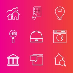 Premium set with outline vector icons. Such as find, digital, modern, europe, speech, greek, property, home, cap, internet, chat, fashion, map, location, market, real, tourism, sign, hand, magnifying