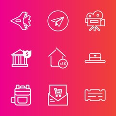 Premium set with outline vector icons. Such as rucksack, video, internet, list, fashion, head, money, sky, receipt, bill, house, communication, business, jetliner, camera, finance, ticket, coupon, bag