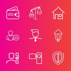 Premium set with outline vector icons. Such as plan, protect, winner, birdhouse, profile, wooden, wallet, cash, home, payment, money, bird, personal, finance, business, camera, status, weight, retro