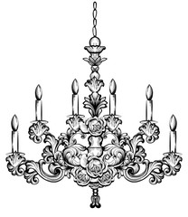 Rich Baroque chandelier. Luxury decor accessory designs. Vector illustration sketch