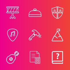 Premium set with outline vector icons. Such as guitar, music, paper, baggage, musical, mountain, business, sound, financial, book, guard, finance, suitcase, instrument, old, violin, vacation, journey