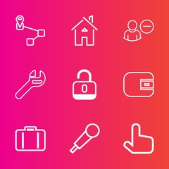 Premium set with outline vector icons. Such as protection, user, spanner, karaoke, mic, audio, delete, account, open, security, repair, music, building, tool, gps, location, wallet, finance, home, bag