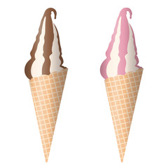 Set of vector illustrations of chocolate, strawberry and vanilla ice cream in cone