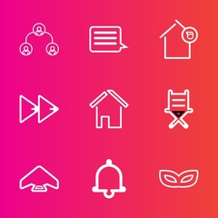 Premium set with outline vector icons. Such as mask, notification, parachuting, leadership, music, message, rewind, company, player, home, business, extreme, sky, structure, furniture, button, alarm